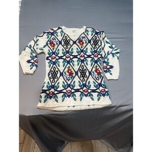 VTG Bass Hand Knitted Sweater‎ Floral Cottage Core Theme M READ